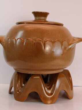 Vintage MCM Frankoma 24G 3-piece Pottery Bean/Soup Crock Pot w Warmer Stand LNC